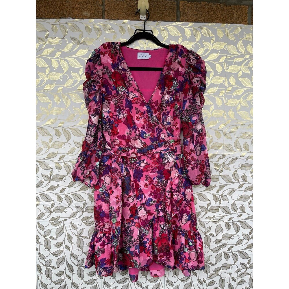 Tanya Taylor Pink Floral Silk-Look Wrap Dress Puff Sleeve Romantic Gardencore 12 - Picture 2 of 12
